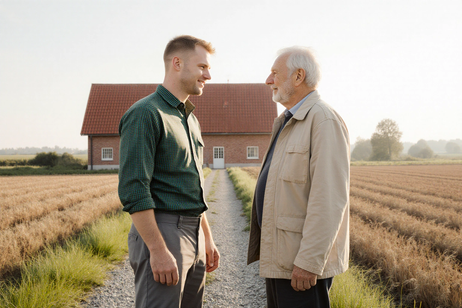 Junger Landwirt und Eigentümer im Gespräch vor einem Hof